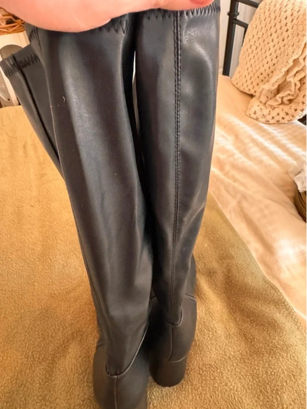 Chic Black Faux Leather Knee-High Platform Block Heel Boots